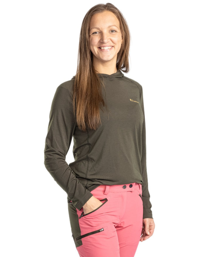 Moss Green coloured Pinewood Womens Insectsafe Function Hoodie on white background #colour_moss-green