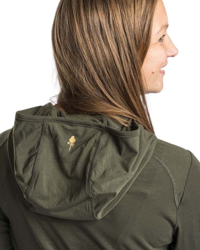 Moss Green coloured Pinewood Womens Insectsafe Function Hoodie on white background #colour_moss-green