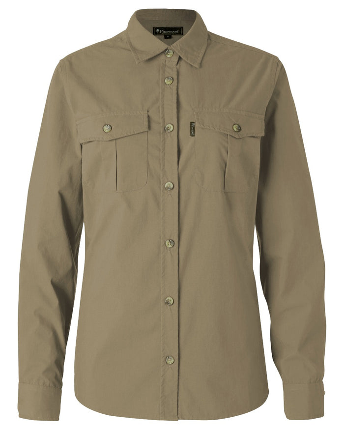 Sandstone coloured Pinewood Womens InsectSafe Poplin Long Sleeve Shirt on white background #colour_sandstone
