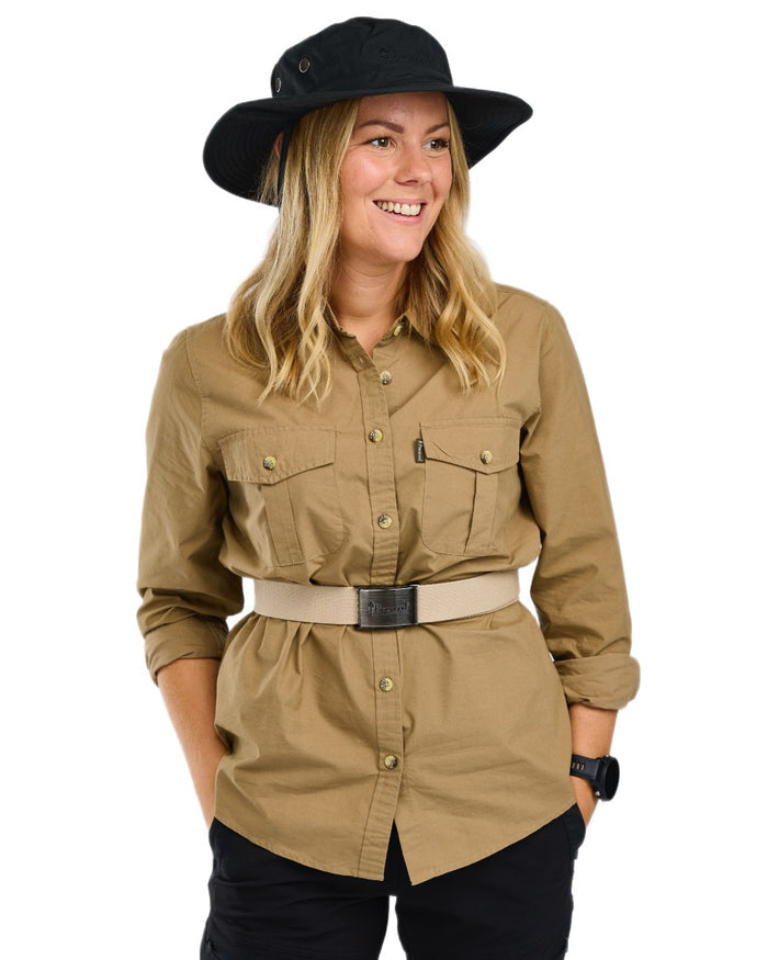 Sandstone coloured Pinewood Womens InsectSafe Poplin Long Sleeve Shirt on white background #colour_sandstone
