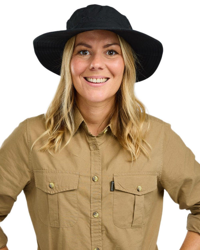 Sandstone coloured Pinewood Womens InsectSafe Poplin Long Sleeve Shirt on white background #colour_sandstone