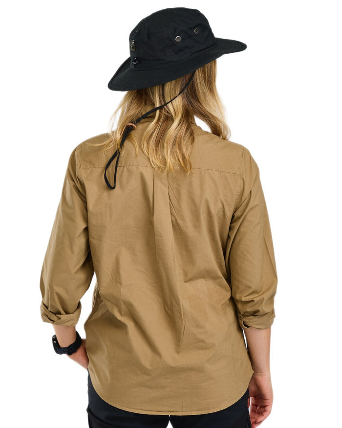 Sandstone coloured Pinewood Womens InsectSafe Poplin Long Sleeve Shirt on white background #colour_sandstone