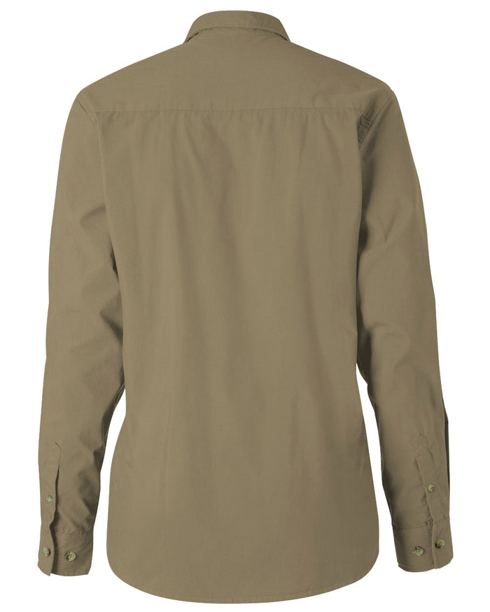 Sandstone coloured Pinewood Womens InsectSafe Poplin Long Sleeve Shirt on white background #colour_sandstone