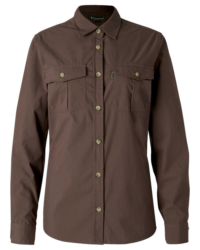 Dark Olive coloured Pinewood Womens InsectSafe Poplin Long Sleeve Shirt on white background #colour_dark-olive
