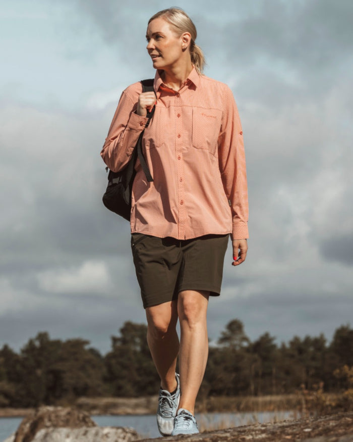 Brick Pink Off White coloured Pinewood Womens Insectsafe Shirt on sea background #colour_brick-pink-off-white