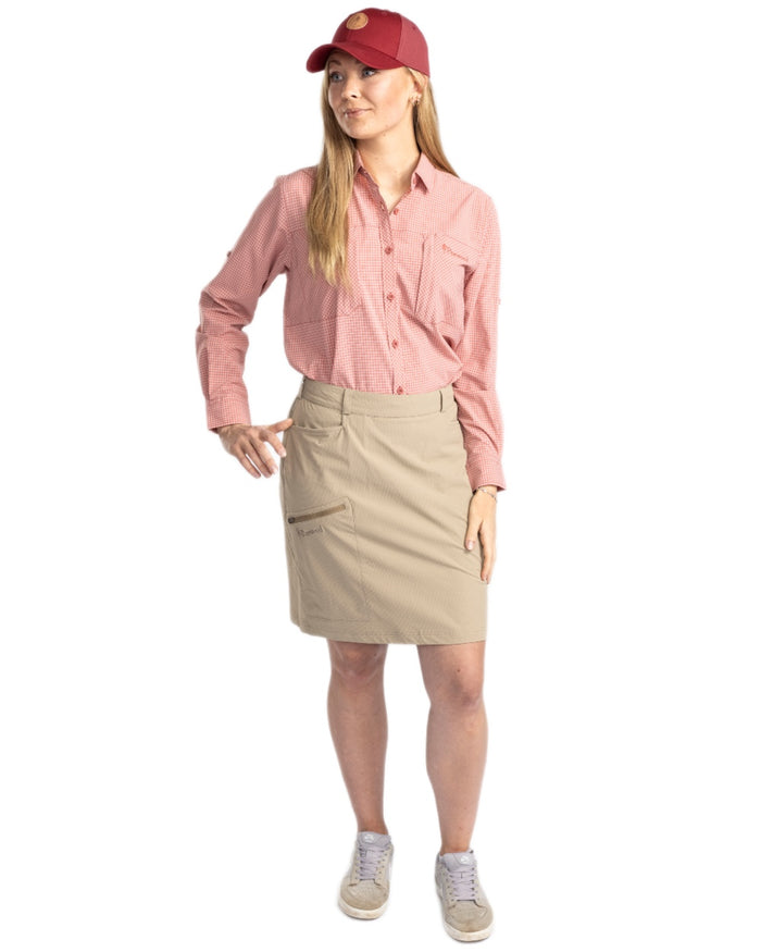 Brick Pink Off White coloured Pinewood Womens Insectsafe Shirt on white background #colour_brick-pink-off-white