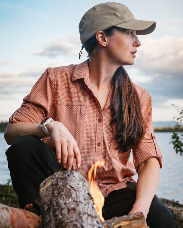 Brick Pink Off White coloured Pinewood Womens Insectsafe Shirt on sea background #colour_brick-pink-off-white