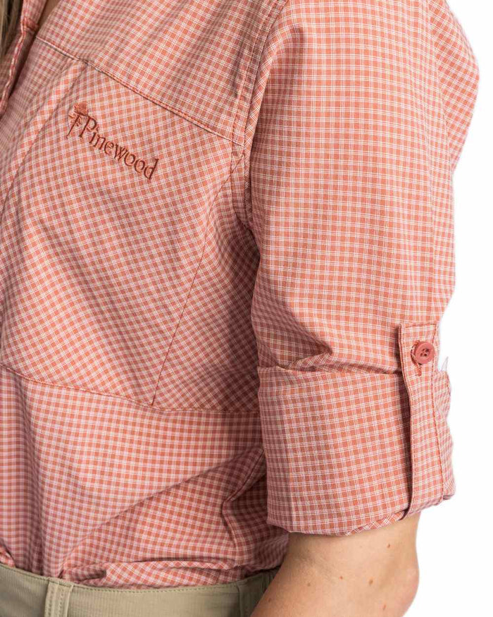 Brick Pink Off White coloured Pinewood Womens Insectsafe Shirt on white background #colour_brick-pink-off-white