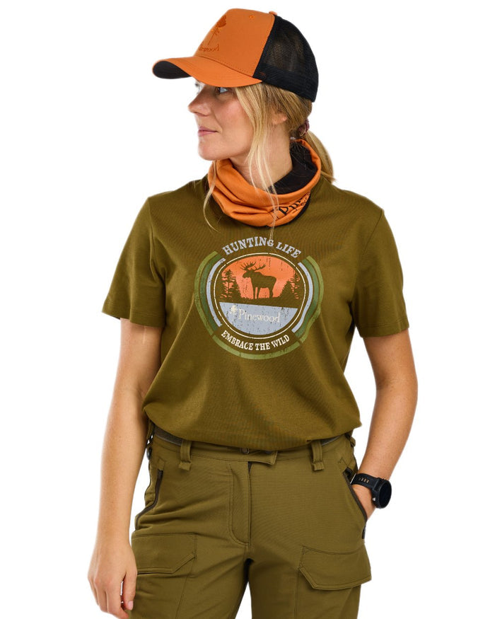 Hunter Olive coloured Pinewood Womens Moose T-Shirt on white background #colour_hunter-olive