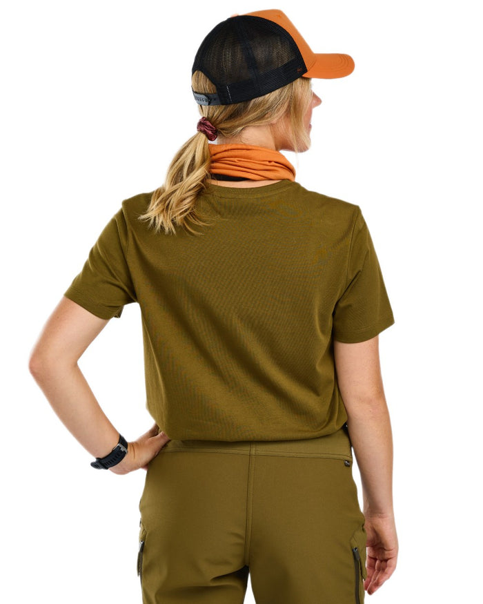 Hunter Olive coloured Pinewood Womens Moose T-Shirt on white background #colour_hunter-olive