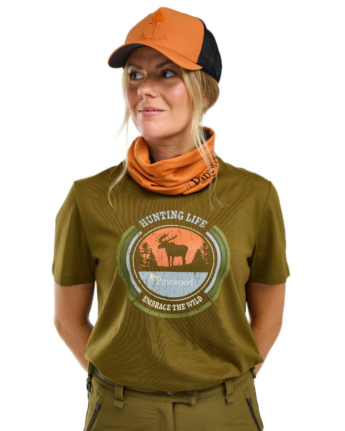 Hunter Olive coloured Pinewood Womens Moose T-Shirt on white background #colour_hunter-olive