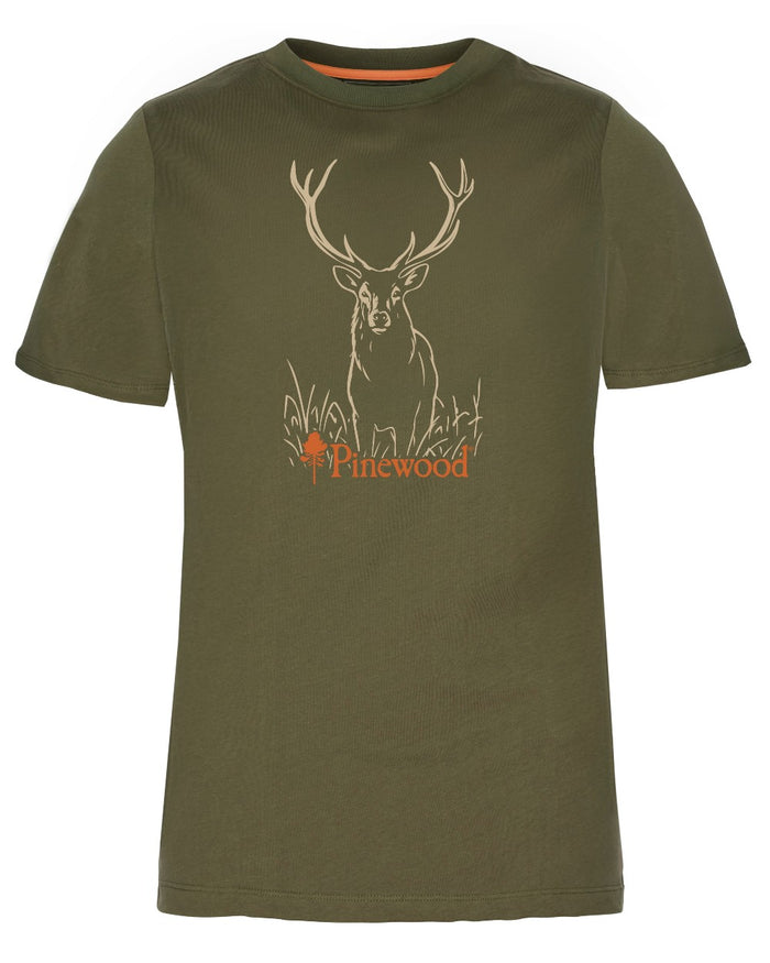 Olive coloured Pinewood Womens Red Deer T-Shirt on white background #colour_olive