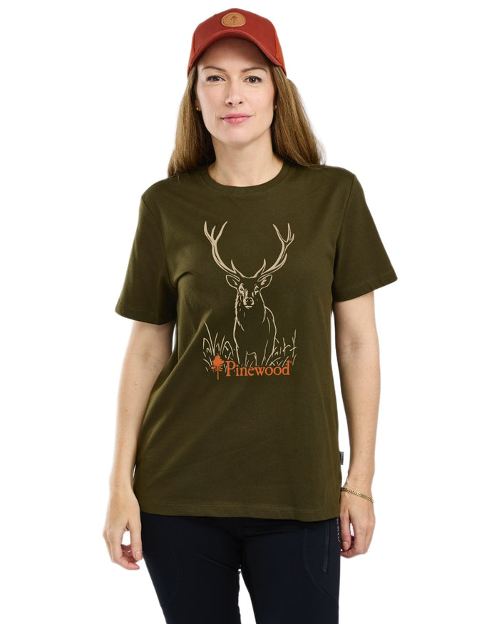 Olive coloured Pinewood Womens Red Deer T-Shirt on white background #colour_olive