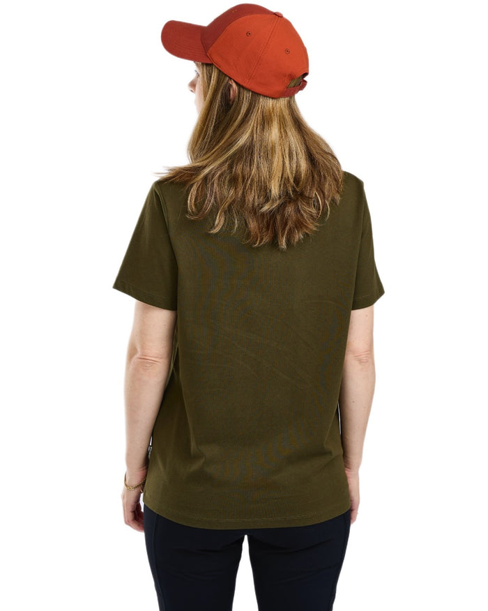 Olive coloured Pinewood Womens Red Deer T-Shirt on white background #colour_olive