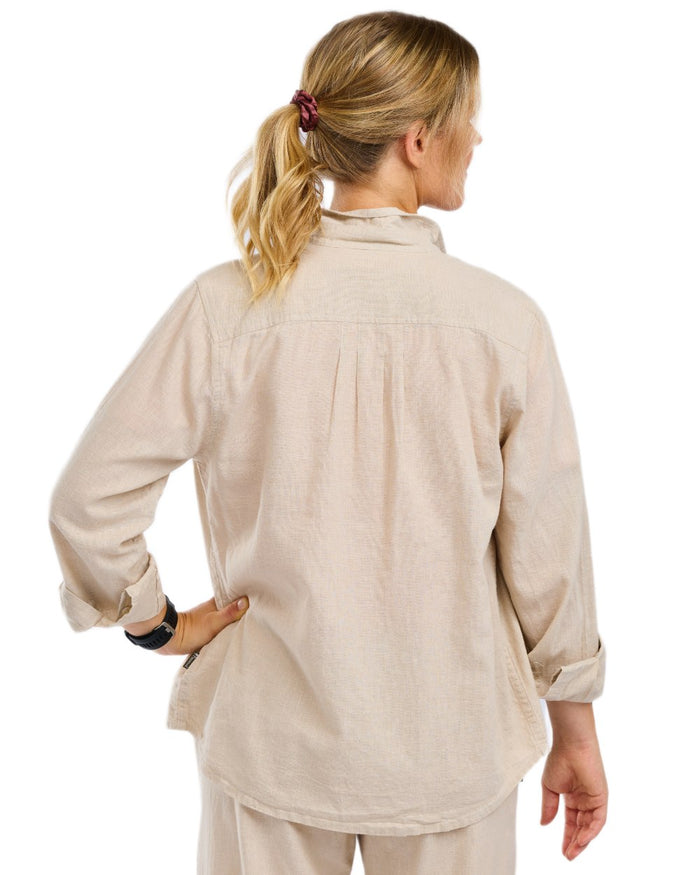 Linen Beige coloured Pinewood Womens Varnamo InsectSafe Hemp Mix Long Sleeve Shirt on white background #colour_linen-beige