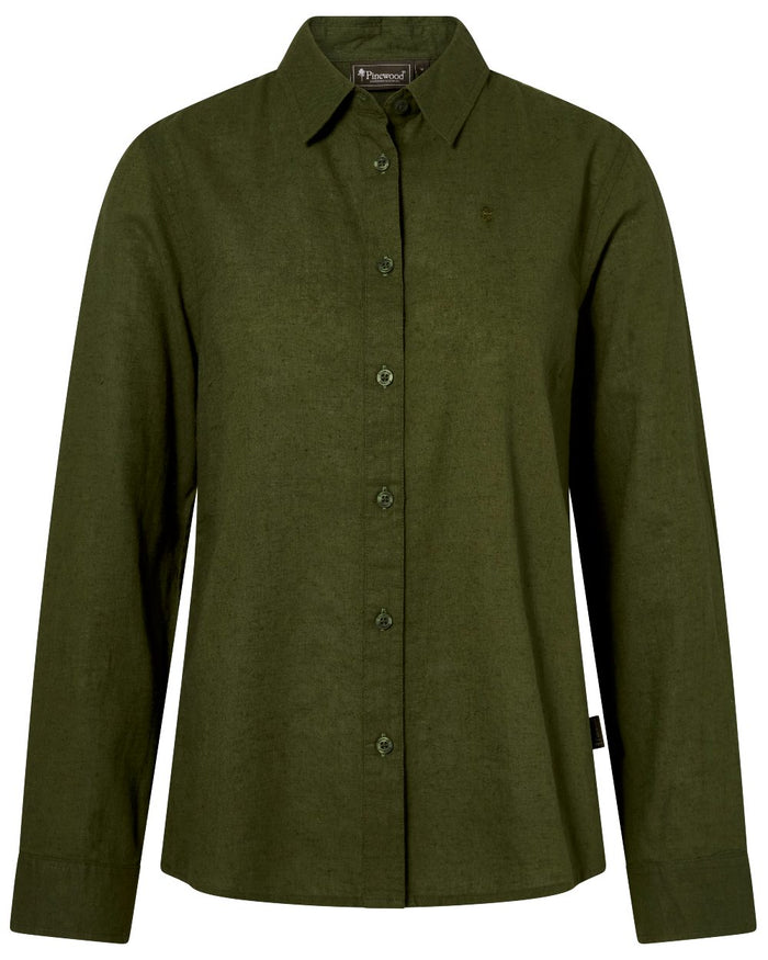 Pine Green coloured Pinewood Womens Varnamo InsectSafe Hemp Mix Long Sleeve Shirt on white background #colour_pine-green