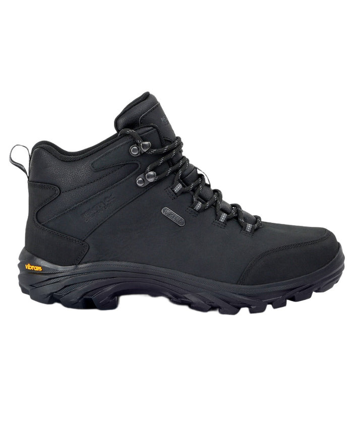Black Coloured Regatta Mens Burrell Leather Waterproof Walking Boots on white background #colour_black