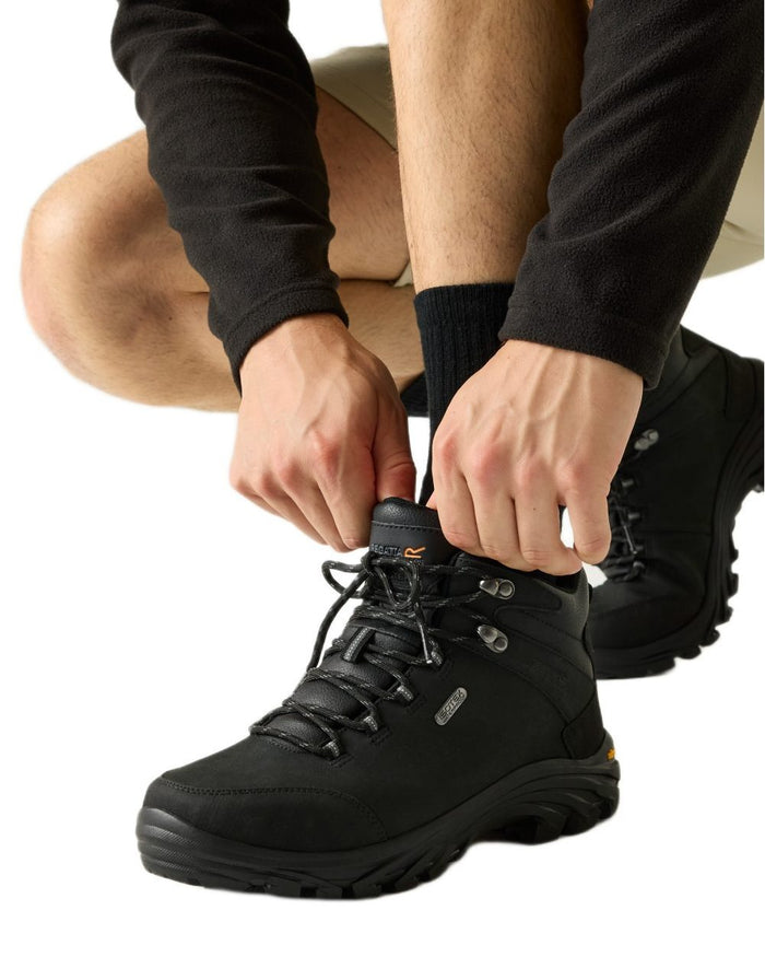 Black Coloured Regatta Mens Burrell Leather Waterproof Walking Boots on white background #colour_black