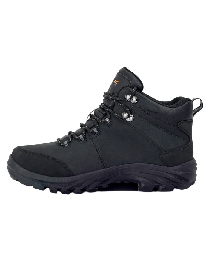 Black Coloured Regatta Mens Burrell Leather Waterproof Walking Boots on white background #colour_black