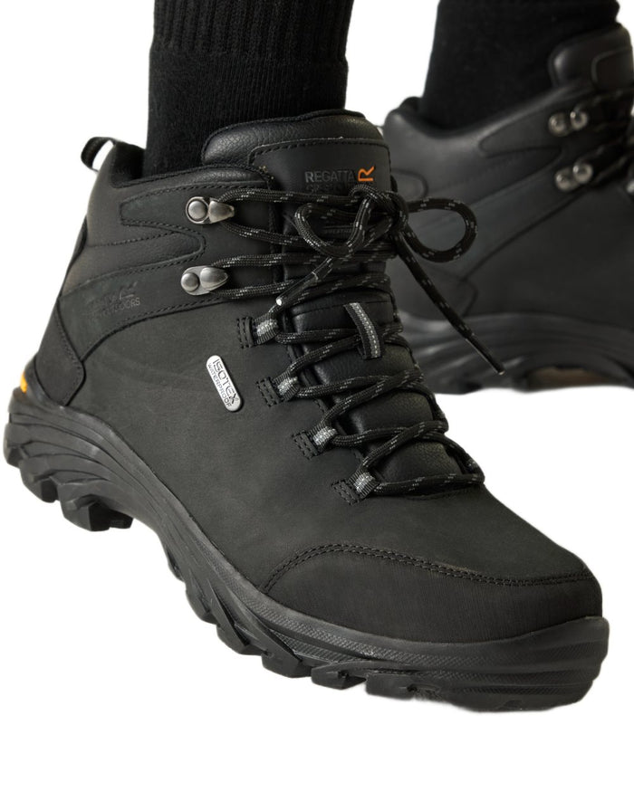 Black Coloured Regatta Mens Burrell Leather Waterproof Walking Boots on white background #colour_black
