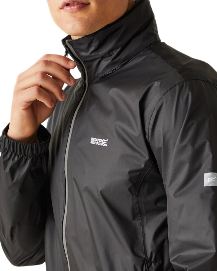 Black Coloured Regatta Mens Lyle IV Waterproof Packaway Jacket on white background #colour_black