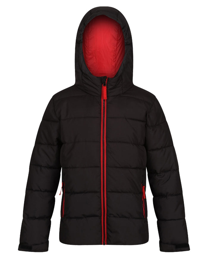 Black Classic Red coloured Regatta Professional Childrens Thermal Jacket on white background #colour_black-classic-red