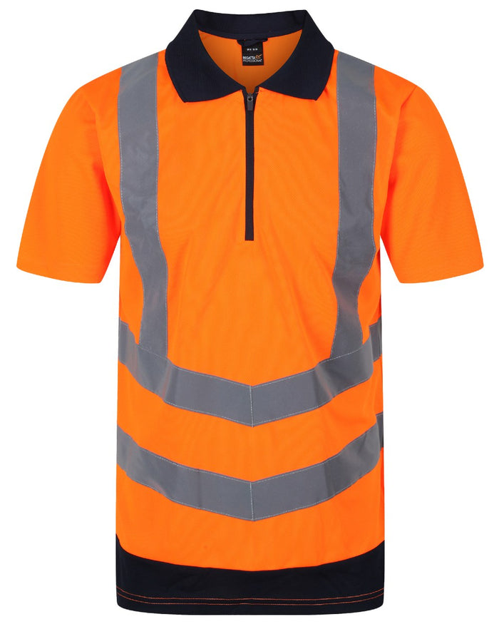 Orange Navy coloured Regatta Professional Mens Hi Vis Pro Reflective Polo Work Shirt on white background #colour_orange-navy