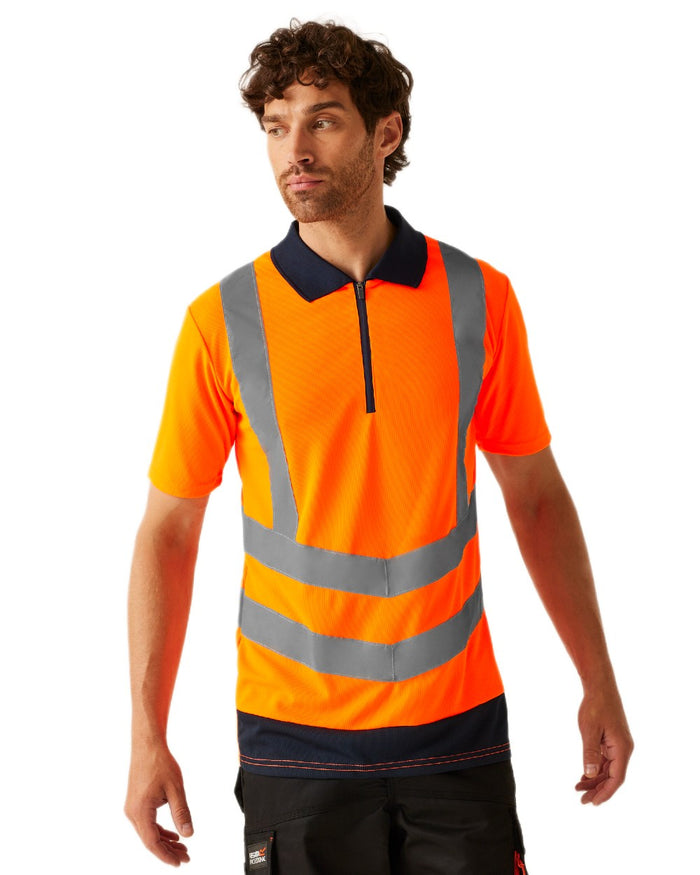 Orange Navy coloured Regatta Professional Mens Hi Vis Pro Reflective Polo Work Shirt on white background #colour_orange-navy