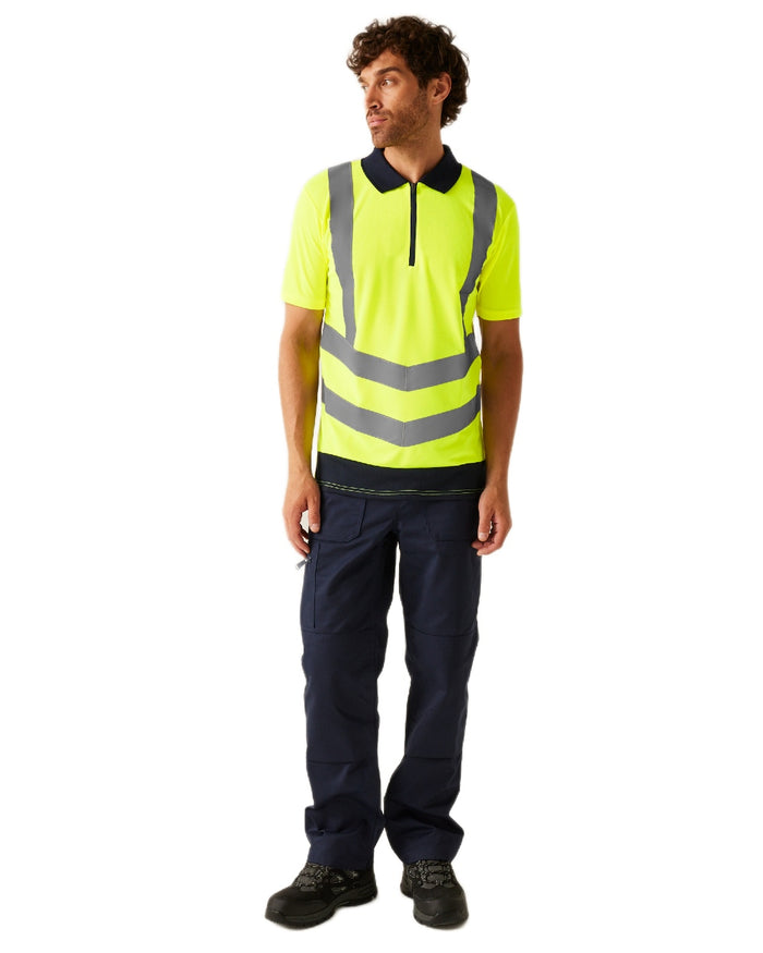 Yellow Navy coloured Regatta Professional Mens Hi Vis Pro Reflective Polo Work Shirt on white background #colour_yellow-navy