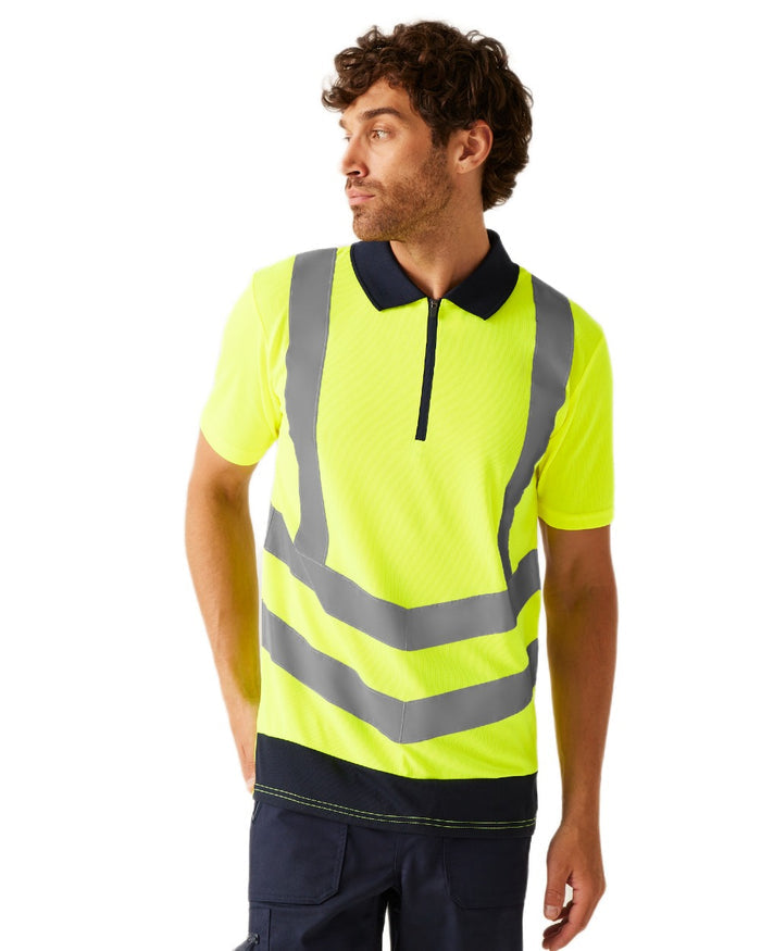 Yellow Navy coloured Regatta Professional Mens Hi Vis Pro Reflective Polo Work Shirt on white background #colour_yellow-navy