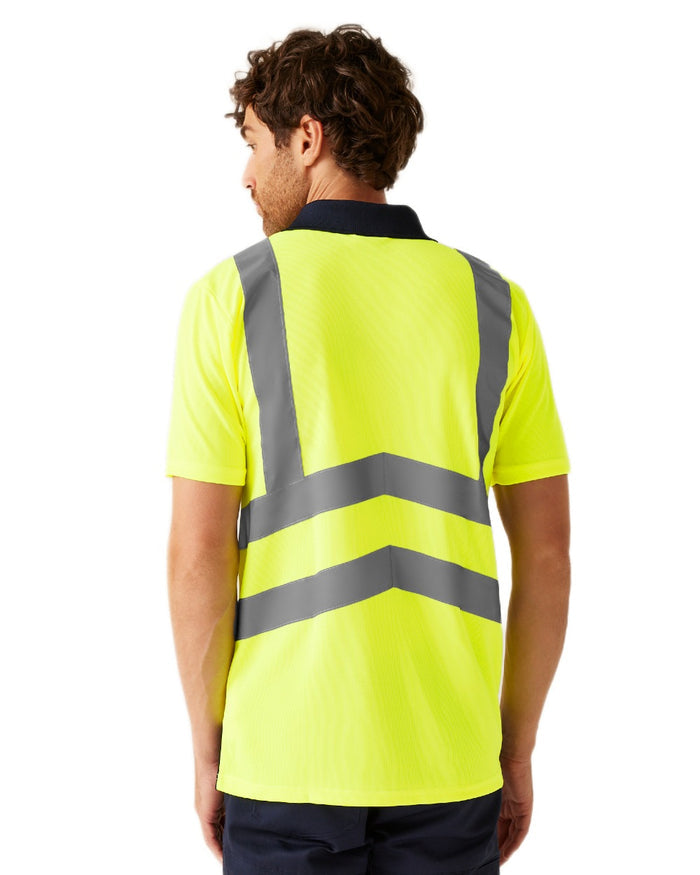 Yellow Navy coloured Regatta Professional Mens Hi Vis Pro Reflective Polo Work Shirt on white background #colour_yellow-navy