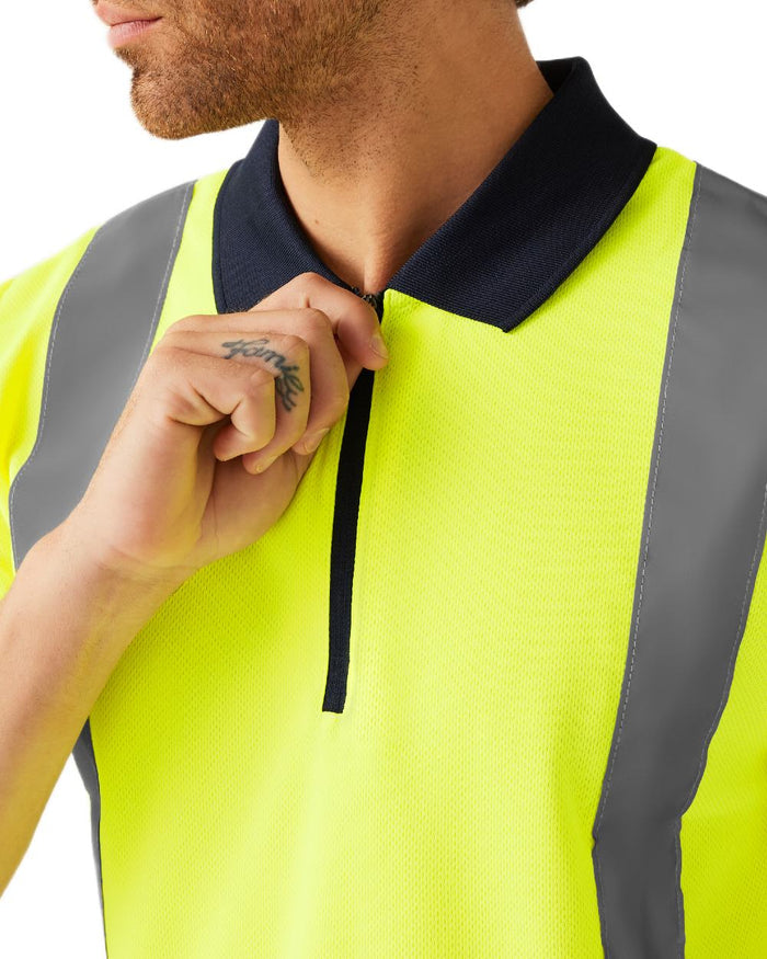 Yellow Navy coloured Regatta Professional Mens Hi Vis Pro Reflective Polo Work Shirt on white background #colour_yellow-navy