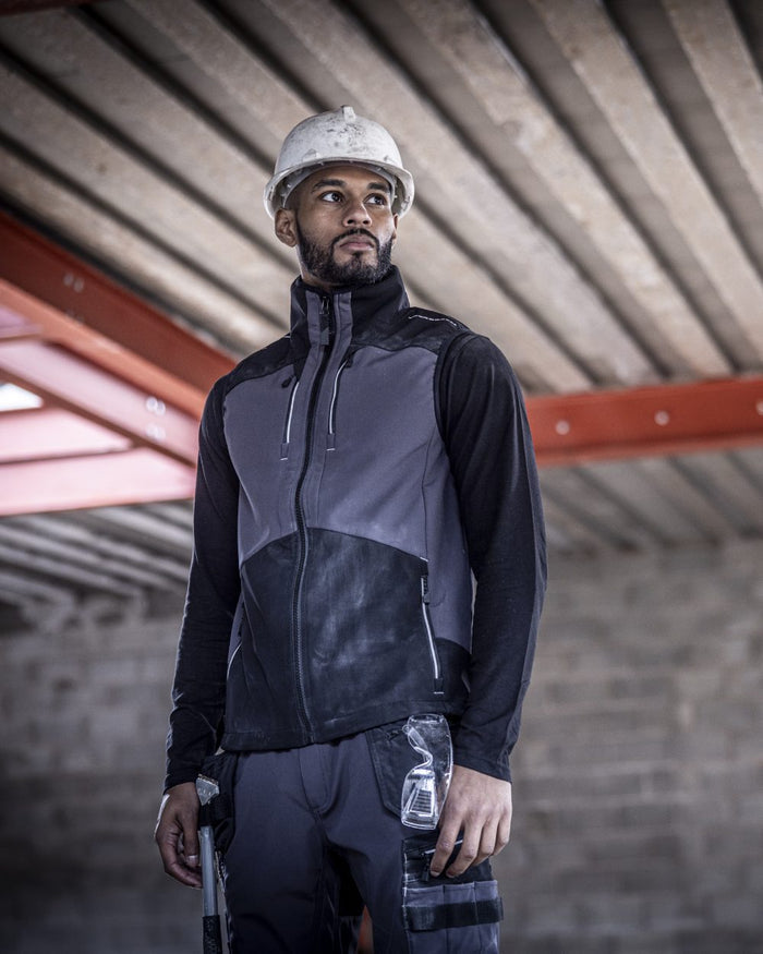 Slate Grey Black coloured Regatta Men's 4Tex Stretch 3 Layer Softshell Bodywarmer on wall background #colour_slate-grey-black
