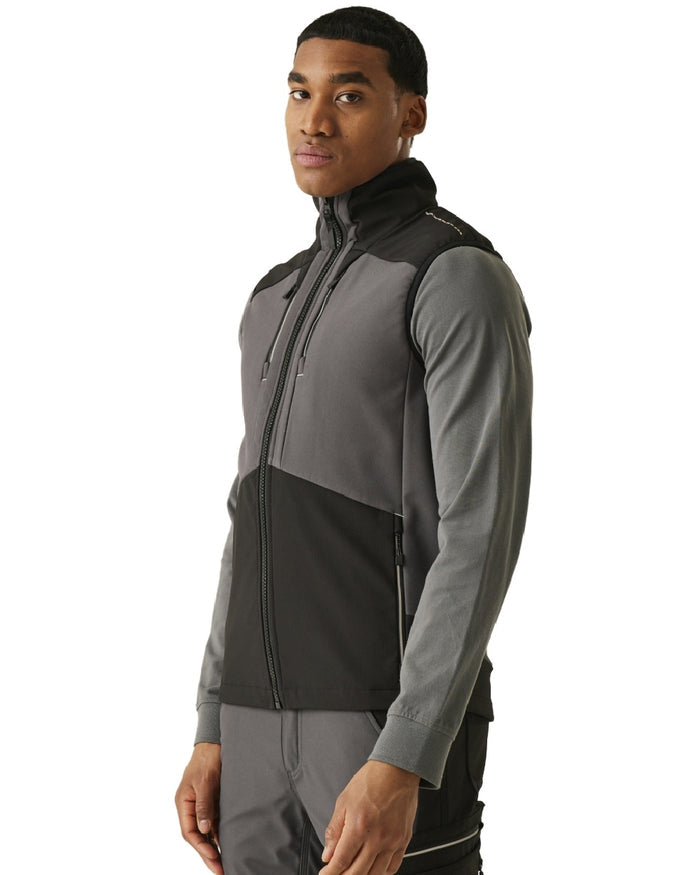 Slate Grey Black coloured Regatta Men's 4Tex Stretch 3 Layer Softshell Bodywarmer on white background #colour_slate-grey-black