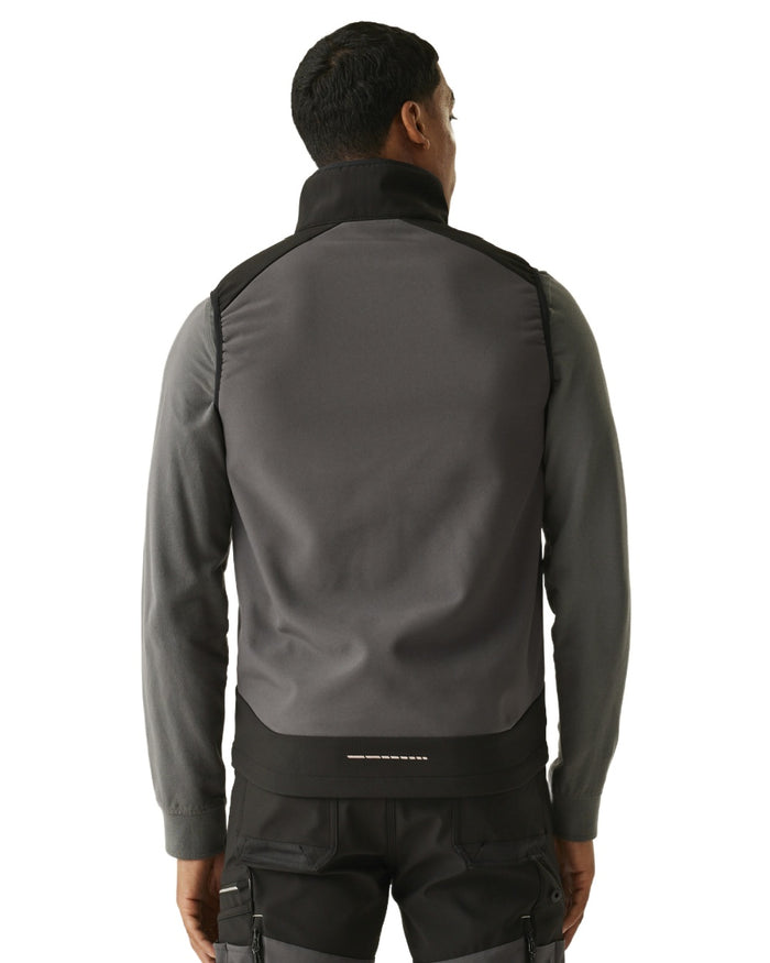 Slate Grey Black coloured Regatta Men's 4Tex Stretch 3 Layer Softshell Bodywarmer on white background #colour_slate-grey-black