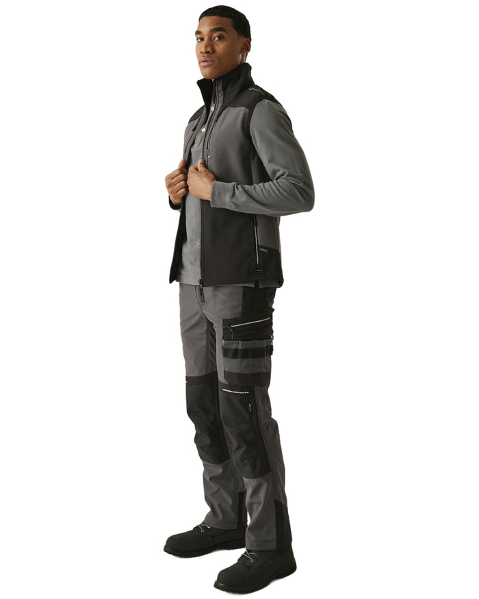 Slate Grey Black coloured Regatta Men's 4Tex Stretch 3 Layer Softshell Bodywarmer on white background #colour_slate-grey-black
