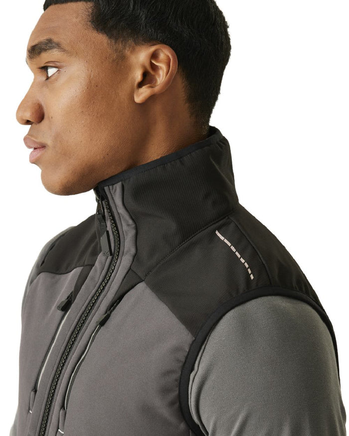 Slate Grey Black coloured Regatta Men's 4Tex Stretch 3 Layer Softshell Bodywarmer on white background #colour_slate-grey-black
