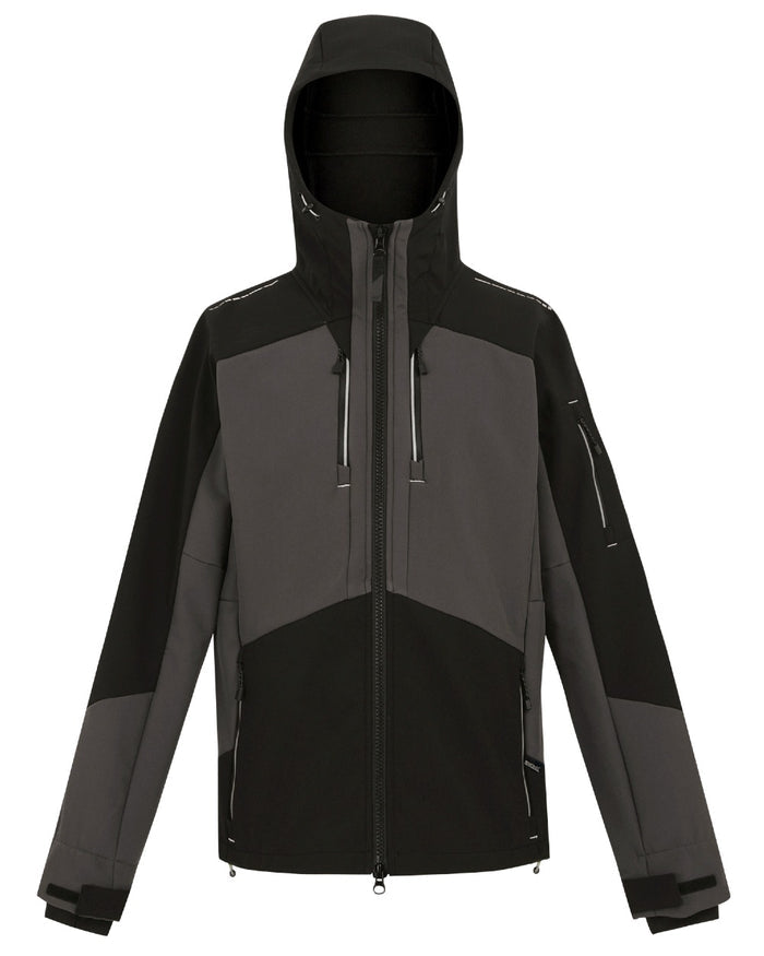 Slate Grey Black coloured Regatta Mens 4Tex Stretch 3 Layer Softshell Jacket on white background #colour_slate-grey-black