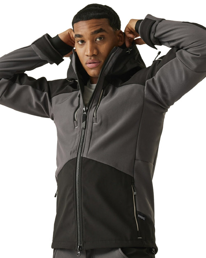 Slate Grey Black coloured Regatta Mens 4Tex Stretch 3 Layer Softshell Jacket on white background #colour_slate-grey-black