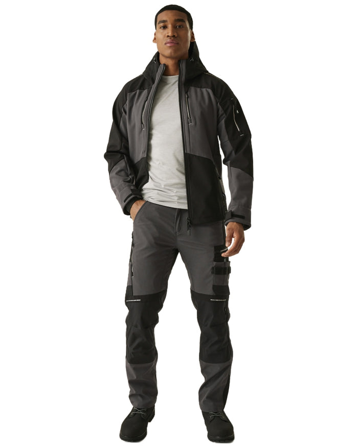 Slate Grey Black coloured Regatta Mens 4Tex Stretch 3 Layer Softshell Jacket on white background #colour_slate-grey-black