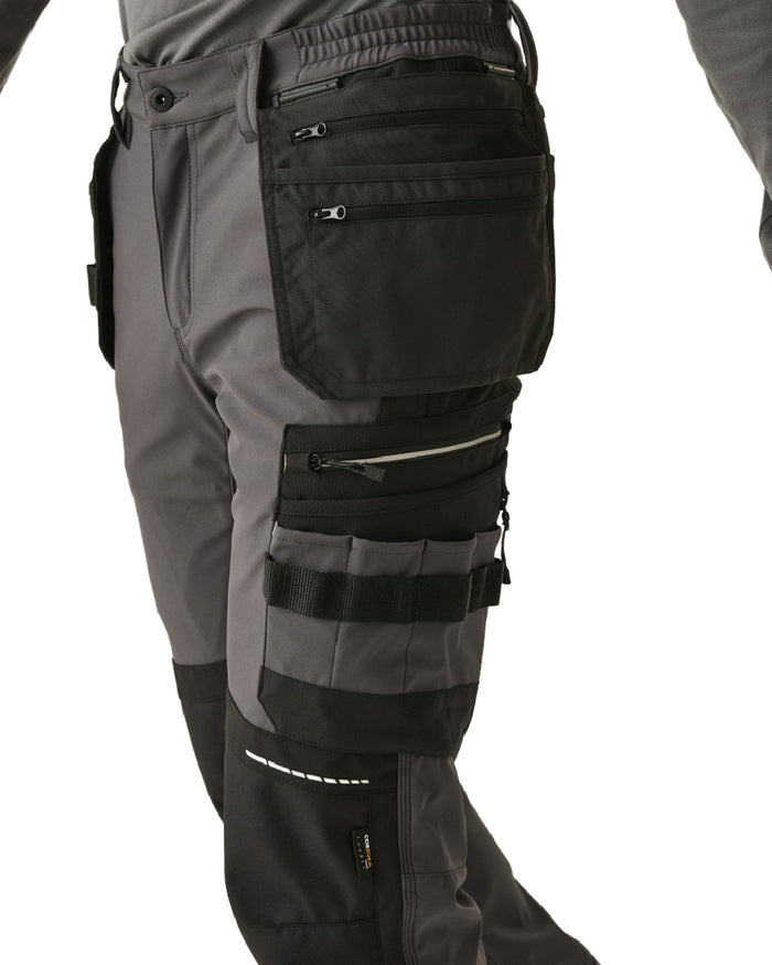 Slate Grey Black coloured Regatta Mens 4Tex Stretch Holster Trousers on white background #colour_slate-grey-black