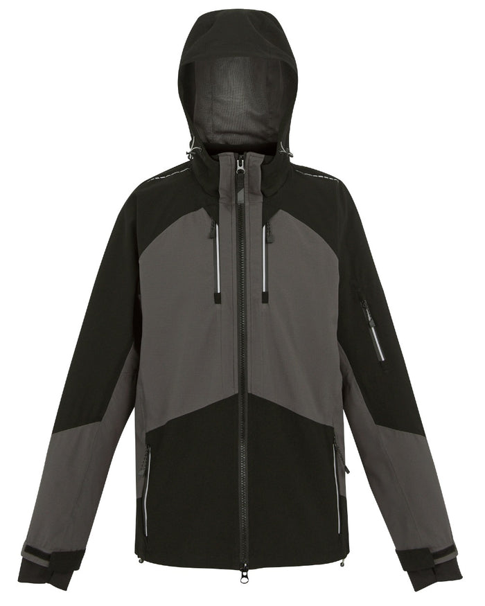 Slate Grey Black coloured Regatta Mens 4Tex Stretch Waterproof Shell Jacket on white background #colour_slate-grey-black