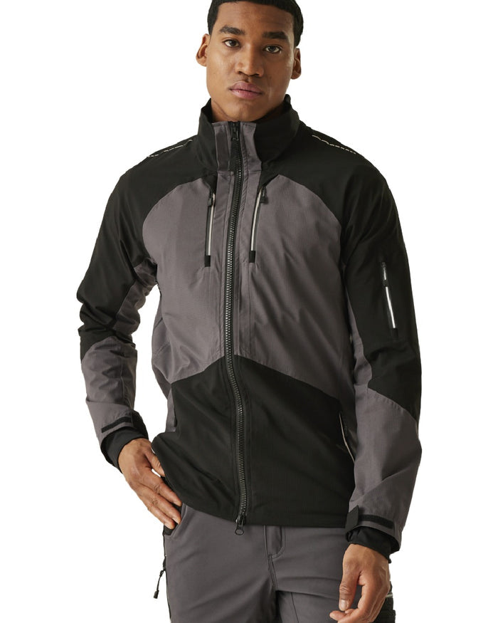 Slate Grey Black coloured Regatta Mens 4Tex Stretch Waterproof Shell Jacket on white background #colour_slate-grey-black