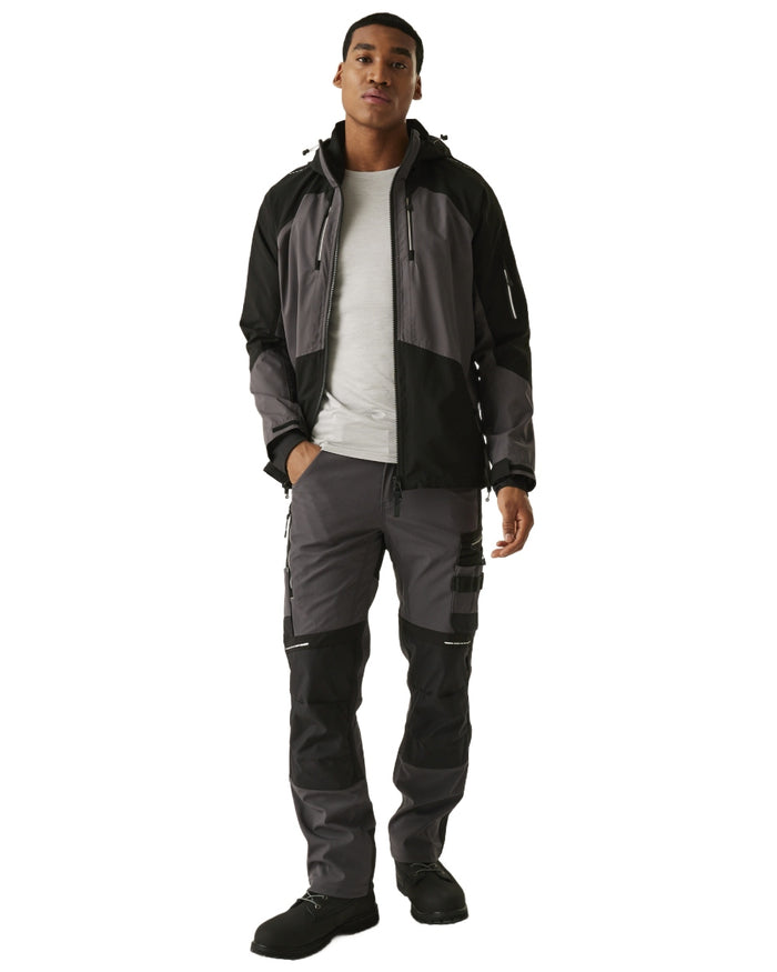 Slate Grey Black coloured Regatta Mens 4Tex Stretch Waterproof Shell Jacket on white background #colour_slate-grey-black