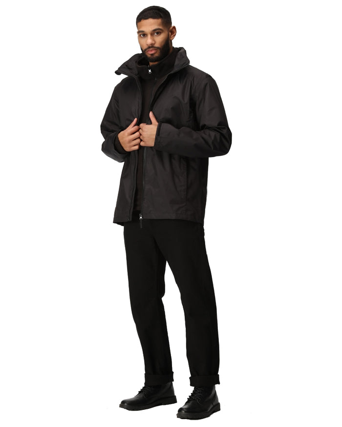 Black coloured Regatta Mens Classic Waterproof 3 in 1 Jacket on white background #colour_black