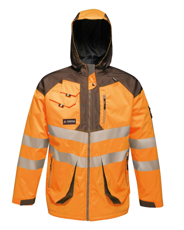 Orange Grey coloured Regatta Mens Hi-Vis Waterproof Reflective Parka Jacket on white background #colour_orange-grey
