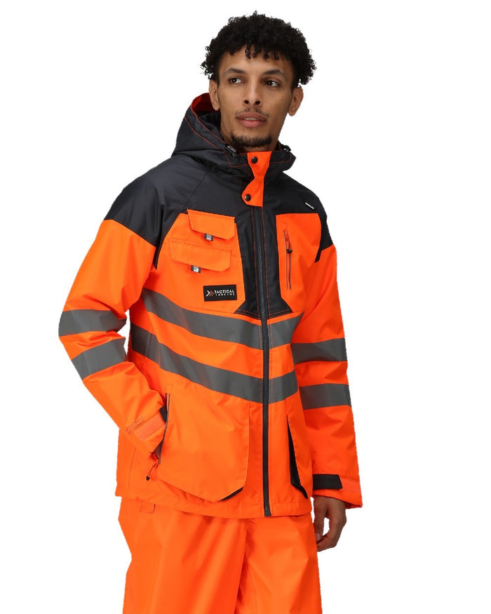 Orange Grey coloured Regatta Mens Hi-Vis Waterproof Reflective Parka Jacket on white background #colour_orange-grey