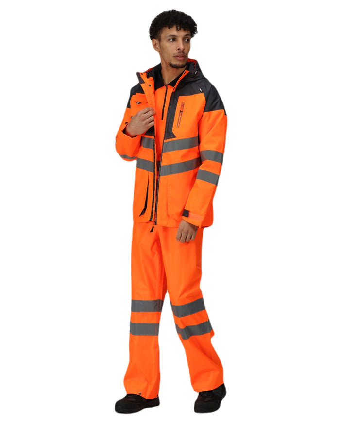 Orange Grey coloured Regatta Mens Hi-Vis Waterproof Reflective Parka Jacket on white background #colour_orange-grey
