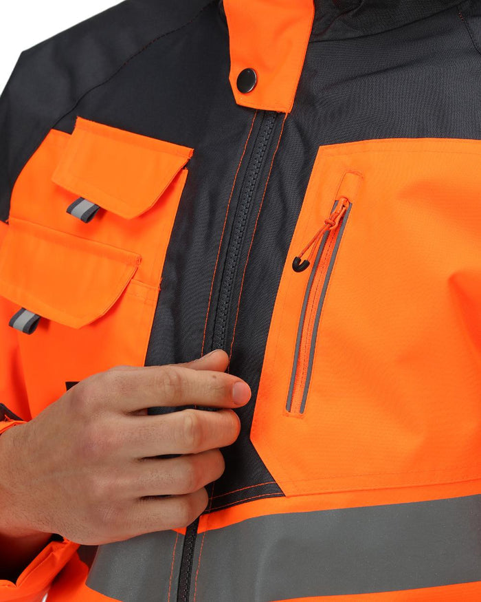 Orange Grey coloured Regatta Mens Hi-Vis Waterproof Reflective Parka Jacket on white background #colour_orange-grey