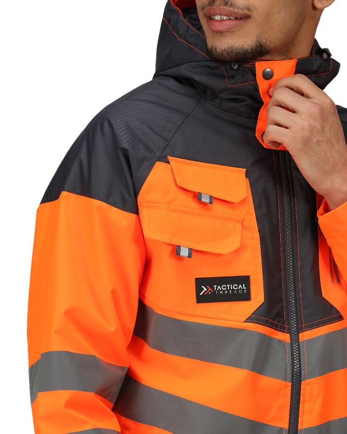 Orange Grey coloured Regatta Mens Hi-Vis Waterproof Reflective Parka Jacket on white background #colour_orange-grey